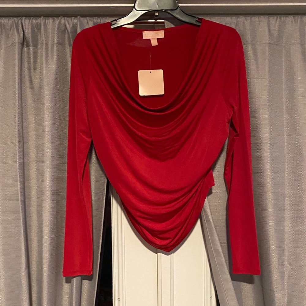 Elegant Red Draped Long Sleeve Top